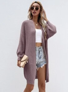 SHEIN LUNE Open Front Rib-knit Cardigan - Mauve Purple - View 5