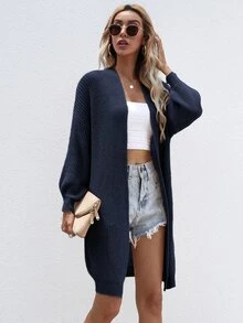 SHEIN LUNE Open Front Rib-knit Cardigan - Navy Blue - View 6