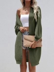 SHEIN LUNE Open Front Rib-knit Cardigan - Green - View 3