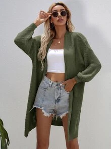 SHEIN LUNE Open Front Rib-knit Cardigan - Green - View 4