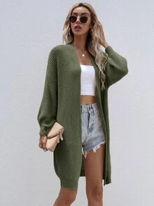 SHEIN LUNE Open Front Rib-knit Cardigan - Green - View 5