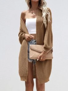 SHEIN LUNE Open Front Rib-knit Cardigan - Camel - View 5