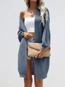 SHEIN LUNE Open Front Rib-knit Cardigan - Dusty Blue - View 6