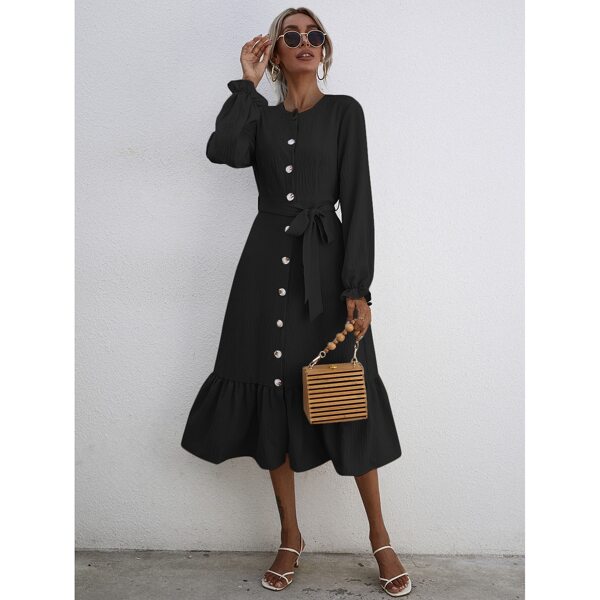 

Button Front Belted Ruffle Hem Dress, Black