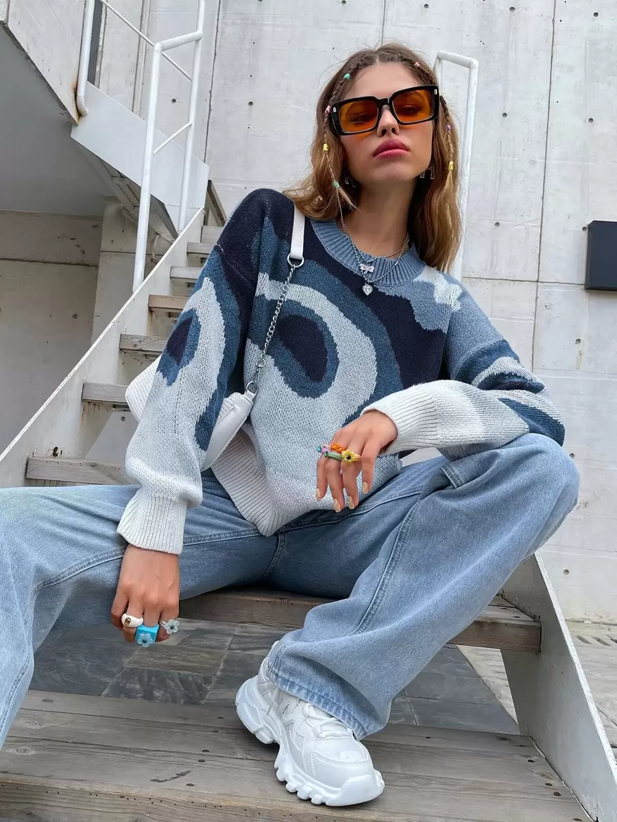 Chiquease Colour Block Drop Shoulder Jumper - Blue - View 1