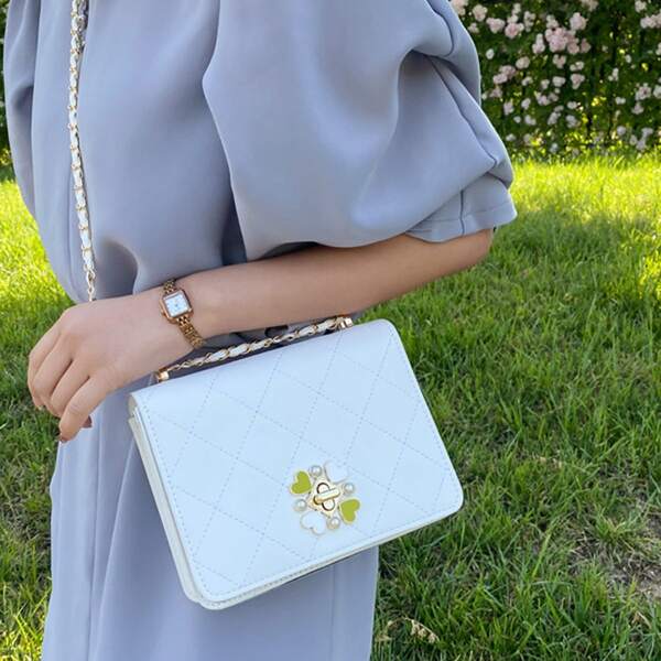 

Faux Pearl & Heart Decor Quilted Flap Square Bag, White