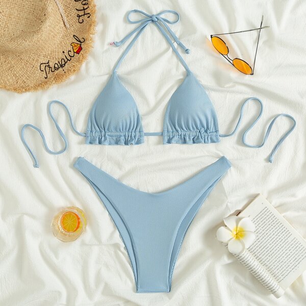 

Ribbed Frill Trim Halter Triangle Bikini Swimsuit, Baby blue