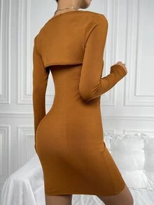 SHEIN Unity Ribbed Knit Bodycon Dress With Super Crop Bolero - Brown - View 2