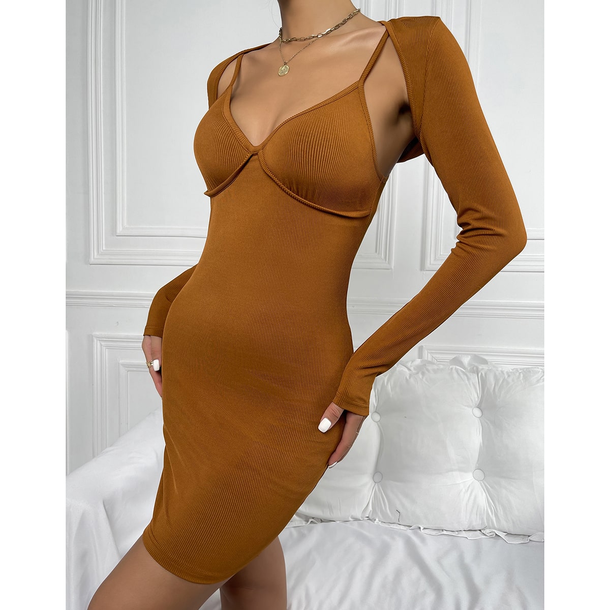 в рубчик Облегающее платье с супер кроп Болеро