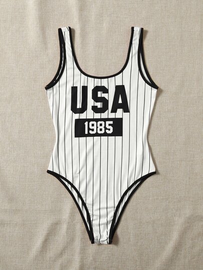 SHEIN EZwear Striped & Letter Graphic Contrast Binding Bodysuit