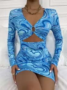 Marble Print Ring Linked Peekaboo Front Bodycon Dress - Blue - View 1