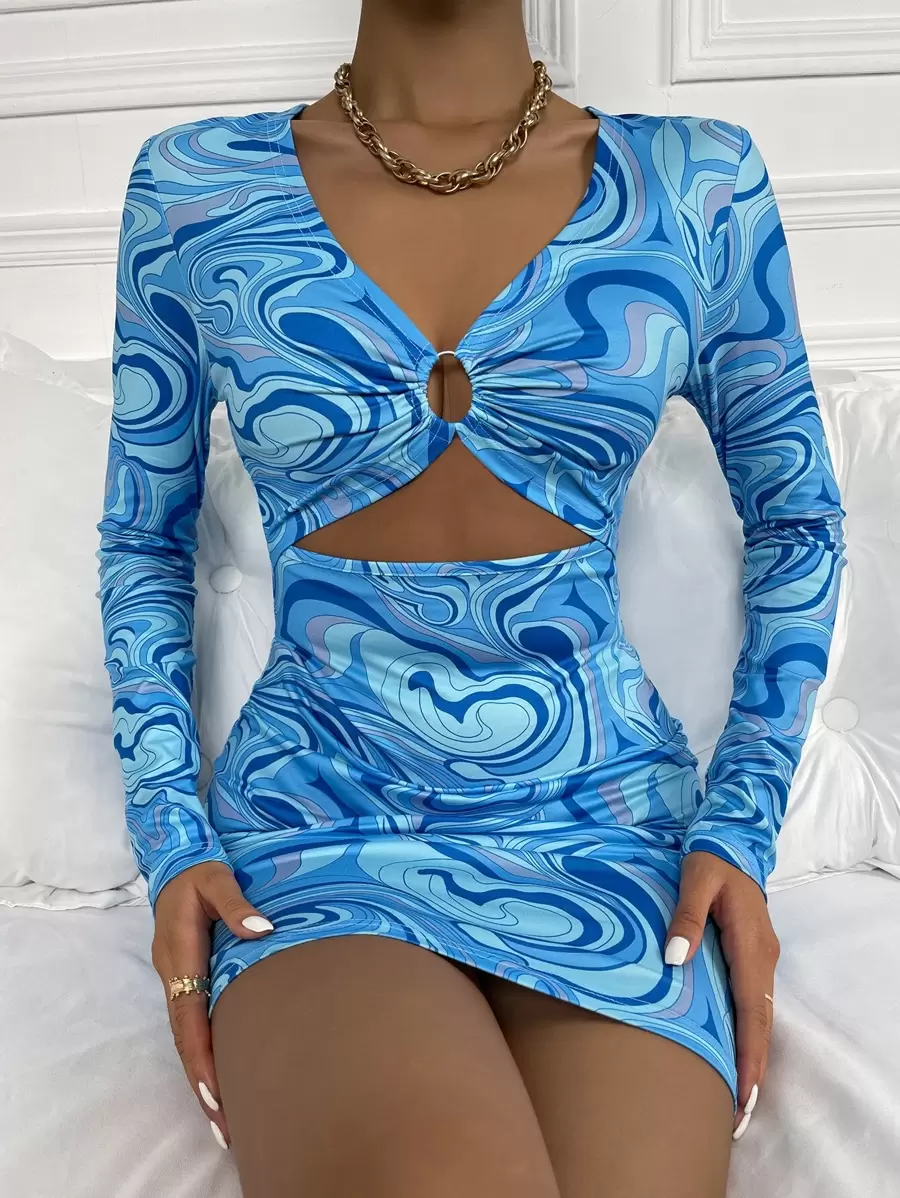 Marble Print Ring Linked Peekaboo Front Bodycon Dress - Blue - View 1