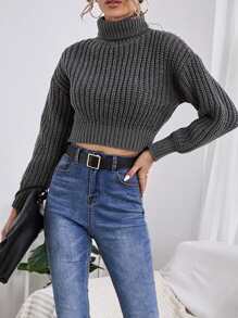 EURMUSE Turtleneck Drop Shoulder Crop Sweater - Dark Grey - View 3