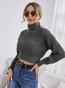 EURMUSE Turtleneck Drop Shoulder Crop Sweater - Dark Grey - View 4