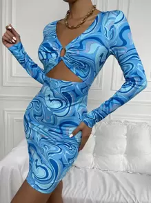 Marble Print Ring Linked Peekaboo Front Bodycon Dress - Blue - View 3