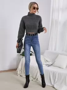EURMUSE Turtleneck Drop Shoulder Crop Sweater - Dark Grey - View 5