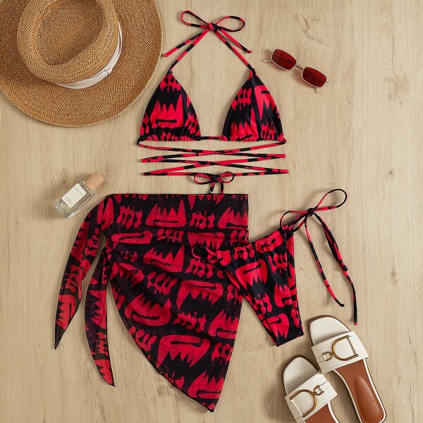 

3pack Allover Print Bikini Swimsuit & Beach Skirt, Multicolor