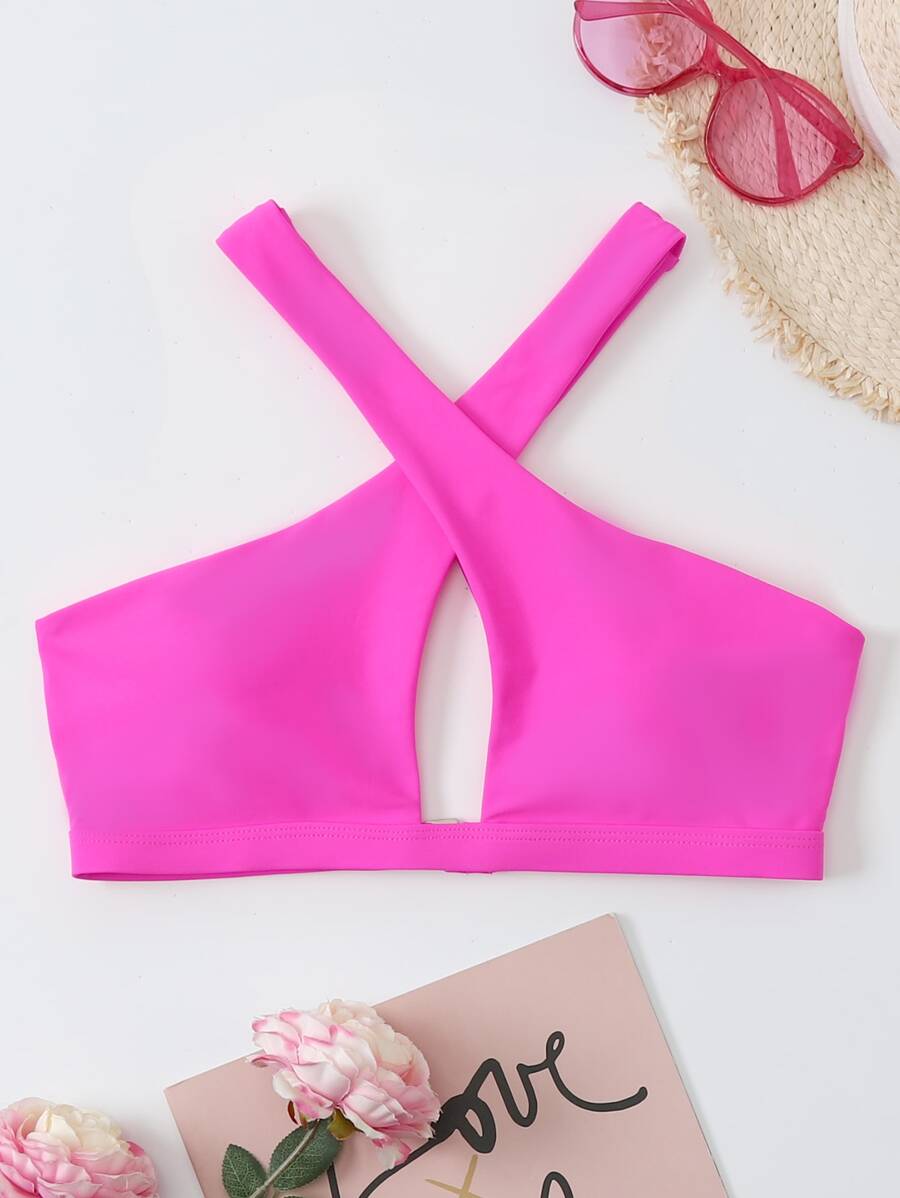 SHEIN Swim Áo Tops Bikini Nữ Hội Chữ thập màu trơn Giải trí - Màu Hồng Tươi - Xem 1