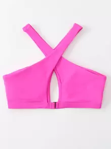 SHEIN Swim Áo Tops Bikini Nữ Hội Chữ thập màu trơn Giải trí - Màu Hồng Tươi - Xem 2