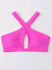 SHEIN Swim Áo Tops Bikini Nữ Hội Chữ thập màu trơn Giải trí - Màu Hồng Tươi - Xem 3