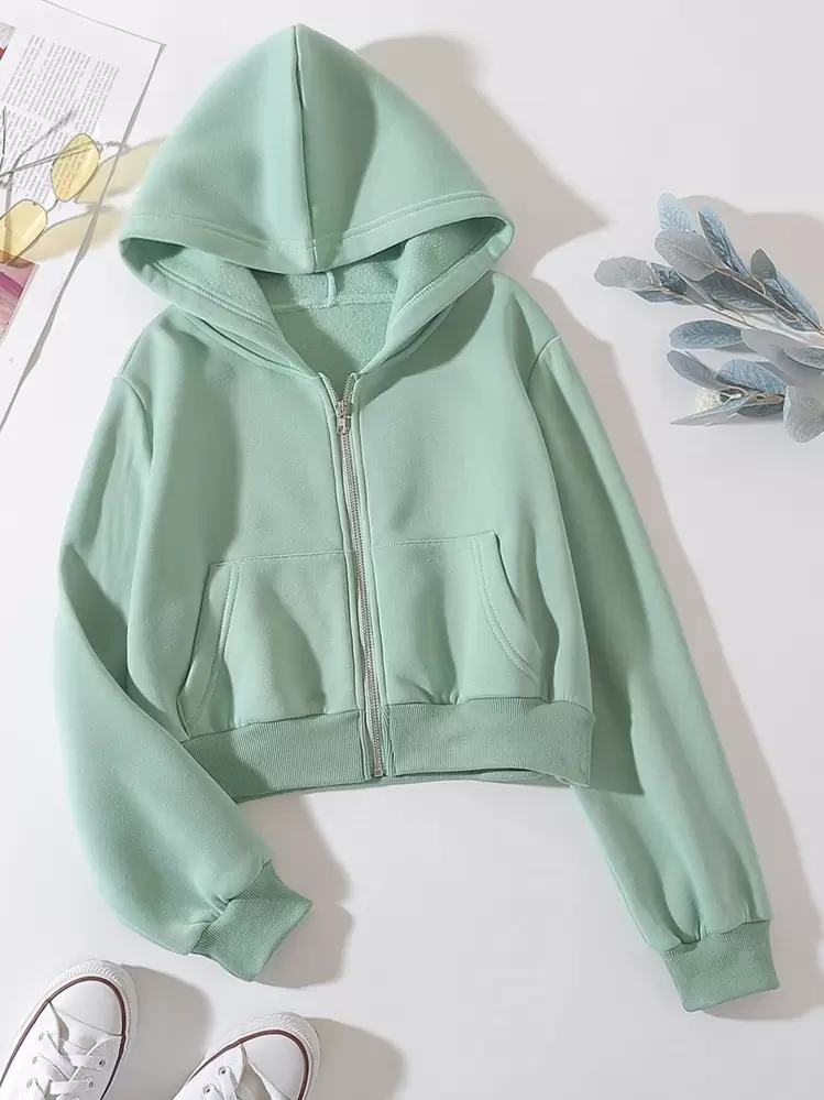 SHEIN EZwear Solid Zip Up Drop Shoulder Thermal Lined Crop Hoodie - Mint Green - View 1