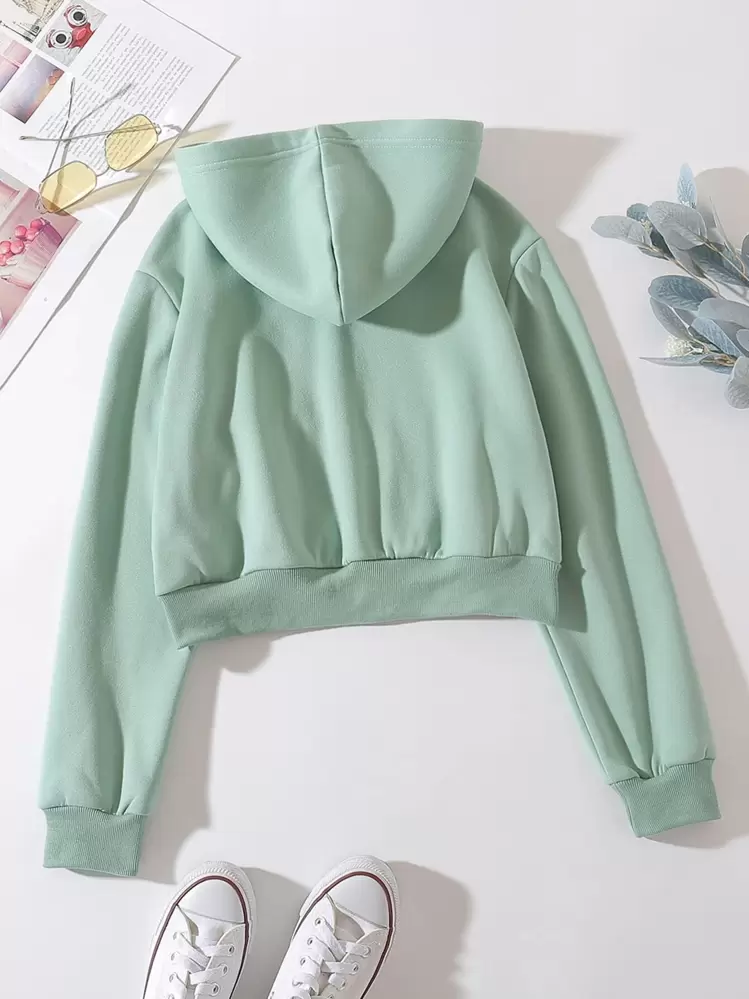 SHEIN EZwear Solid Zip Up Drop Shoulder Thermal Lined Crop Hoodie - Mint Green - View 2