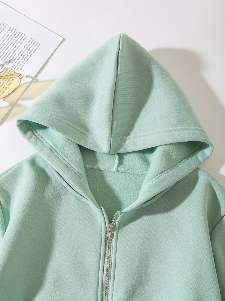 SHEIN EZwear Solid Zip Up Drop Shoulder Thermal Lined Crop Hoodie - Mint Green - View 3