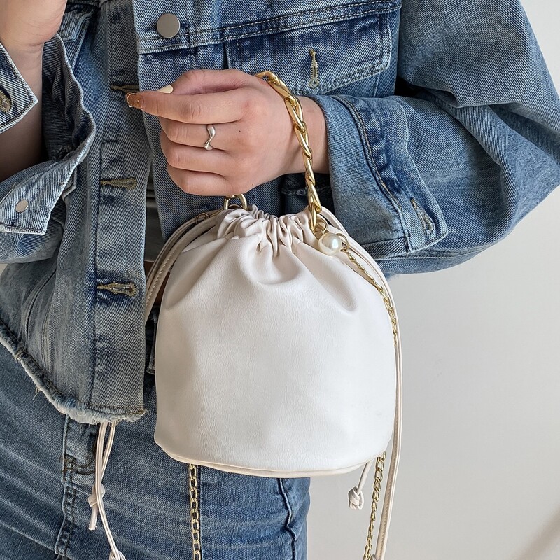 

Minimalist Drawstring Design Bucket Bag, White