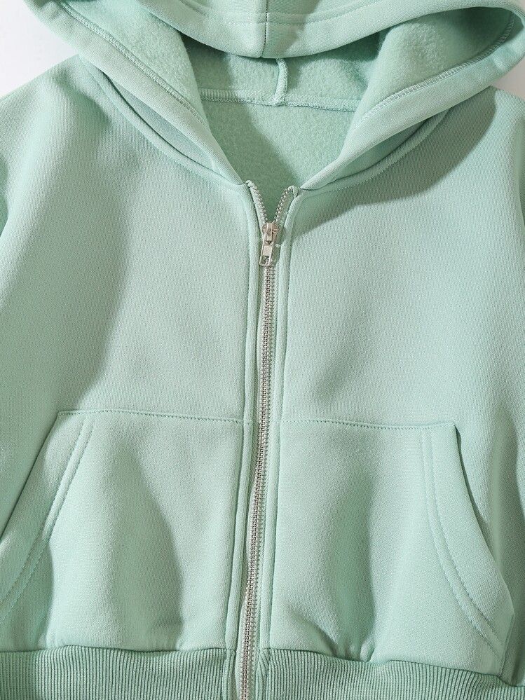 SHEIN EZwear Solid Zip Up Drop Shoulder Thermal Lined Crop Hoodie - Mint Green - View 4
