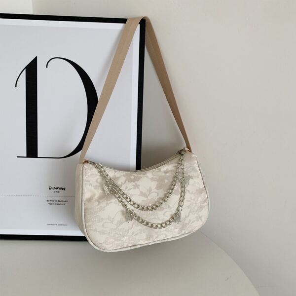 

Chain Decor Lace Appliques Baguette Bag, Beige