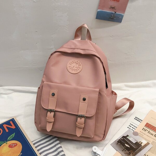 

Letter Patch Buckle Detail Classic Backpack, Pink