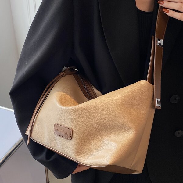 

Letter Patch Textured Shoulder Bag, Khaki