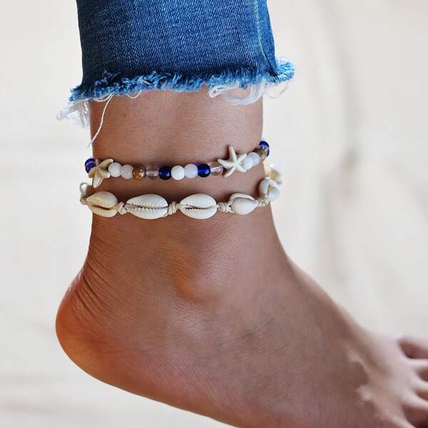 

2pcs Shell Decor Anklet, Multicolor