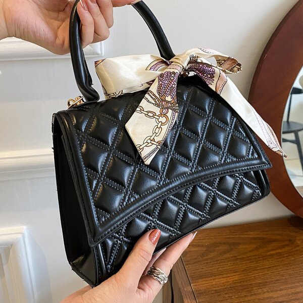 

Scarf Decor Quilted Flap Square Bag, Black