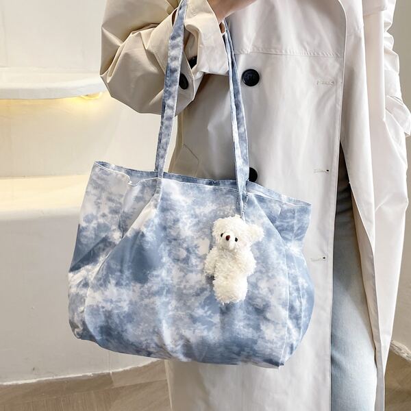 

Tie Dye Shoulder Tote Bag With Bag Charm, Blue