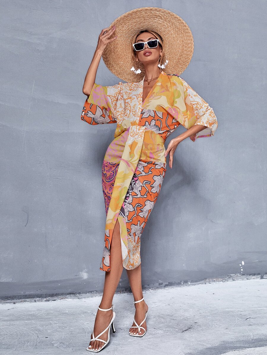 Aveloria Floral & Paisley Print V Neck Batwing Sleeve Dress