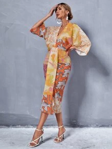 Aveloria Floral & Paisley Print V Neck Batwing Sleeve Dress