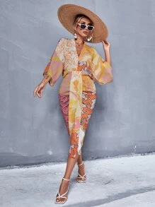 Aveloria Floral & Paisley Print V Neck Batwing Sleeve Dress