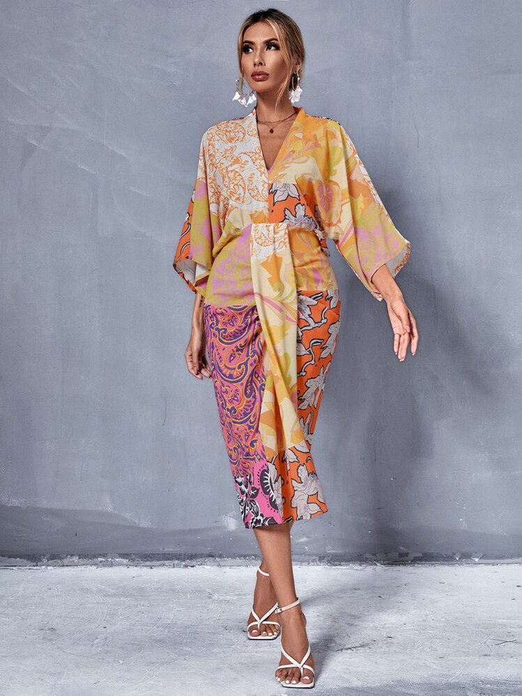 GENKIRA Floral & Paisley Print V Neck Batwing Sleeve Dress - Multicolor - View 5