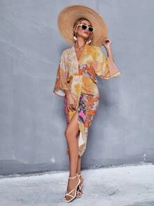 Aveloria Floral & Paisley Print V Neck Batwing Sleeve Dress