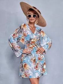 SHEIN Unity 印花蝙蝠袖繫腰帶連衣裙 - 彩色 - 查看 1