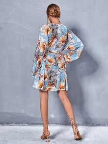 SHEIN Unity 印花蝙蝠袖繫腰帶連衣裙 - 彩色 - 查看 2