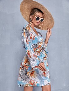 SHEIN Unity 印花蝙蝠袖繫腰帶連衣裙 - 彩色 - 查看 4