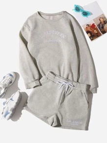 SHEIN EZwear 字母刺繡落肩袖保暖套頭衫和抽繩短褲 - 淺灰色 - 查看 1