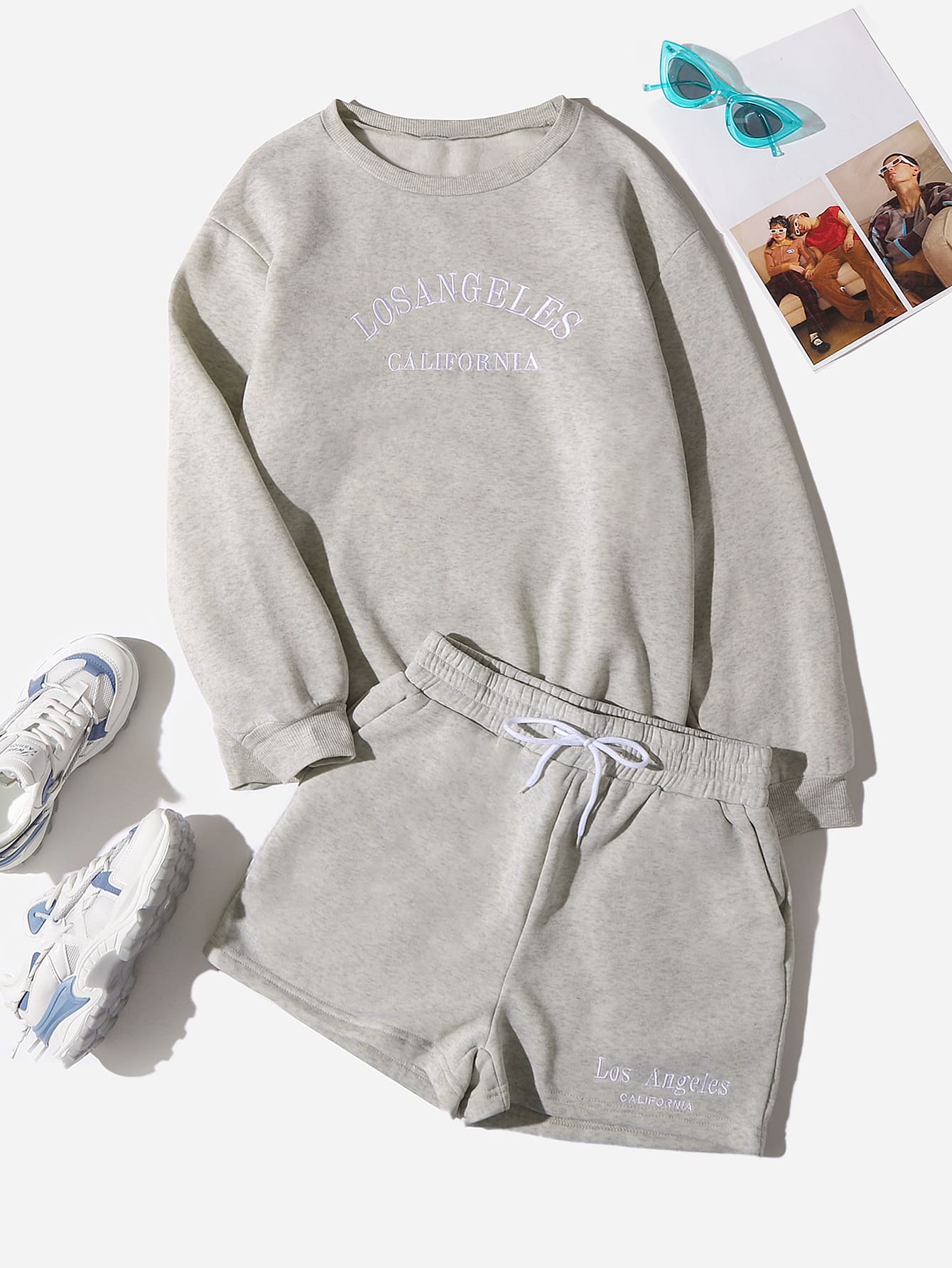 SHEIN EZwear 字母刺繡落肩袖保暖套頭衫和抽繩短褲 - 淺灰色 - 查看 1