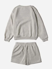 SHEIN EZwear 字母刺繡落肩袖保暖套頭衫和抽繩短褲 - 淺灰色 - 查看 2