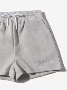 SHEIN EZwear 字母刺繡落肩袖保暖套頭衫和抽繩短褲 - 淺灰色 - 查看 5