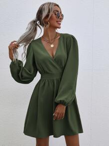 SHEIN VCAY Surplice Neck Lantern Sleeve Dress - Green - View 1