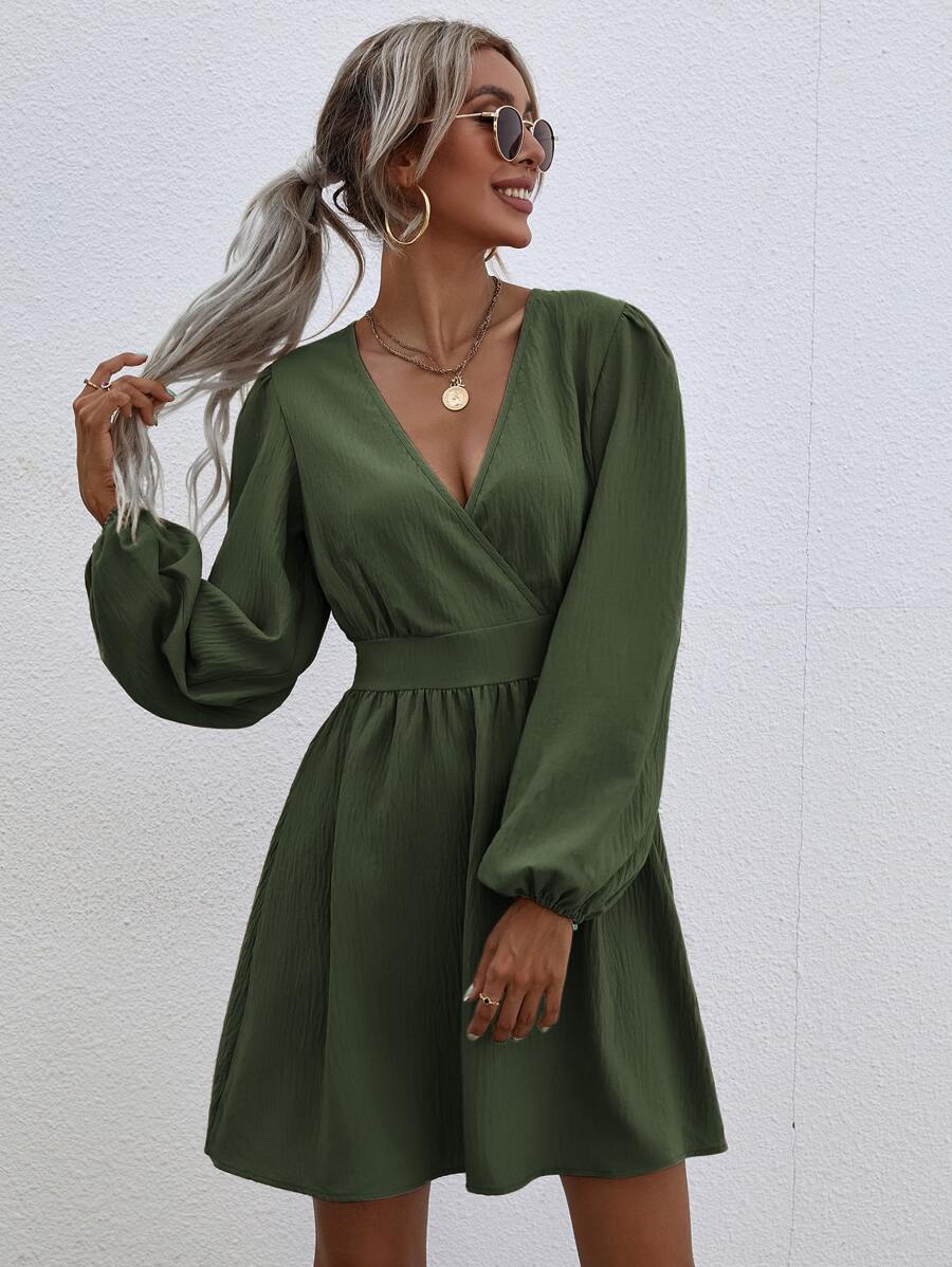 SHEIN VCAY Surplice Neck Lantern Sleeve Dress - Green - View 1