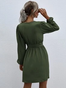 SHEIN VCAY Surplice Neck Lantern Sleeve Dress - Green - View 2